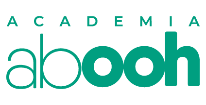 Imagem com a marca dbooh em destaque, ao fundo o texto “ACADEMIA” em letras espaçadas e elementos tipográficos em verde sobre fundo escuro.